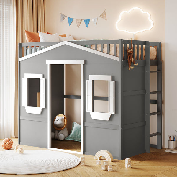 Twin Size House Loft Bed With Ladder-Gray+White Frame