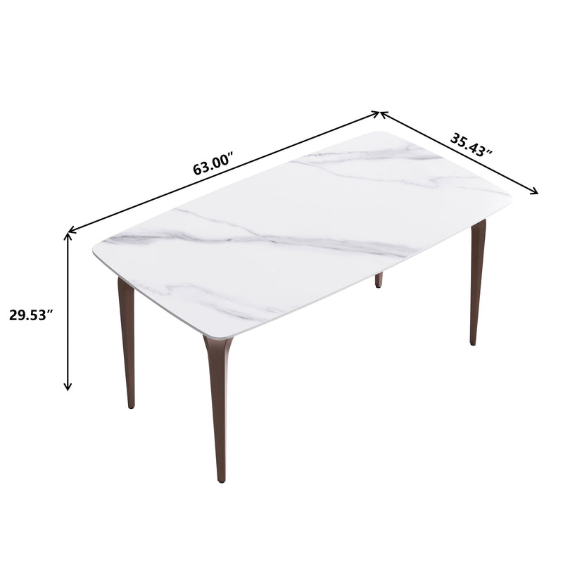 63" Modern Artificial Stone Curved Metal Leg Dining Table, 6 People - White