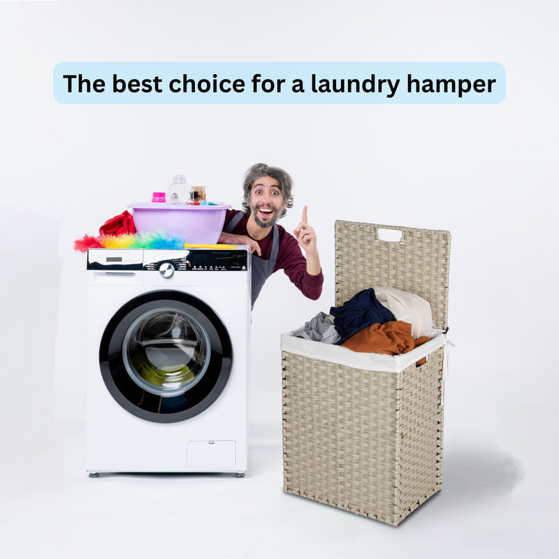 Laundry Hamper With Lid PE Rattan Powder Coating Frame Clothes Hampers With 2 Removable Bags