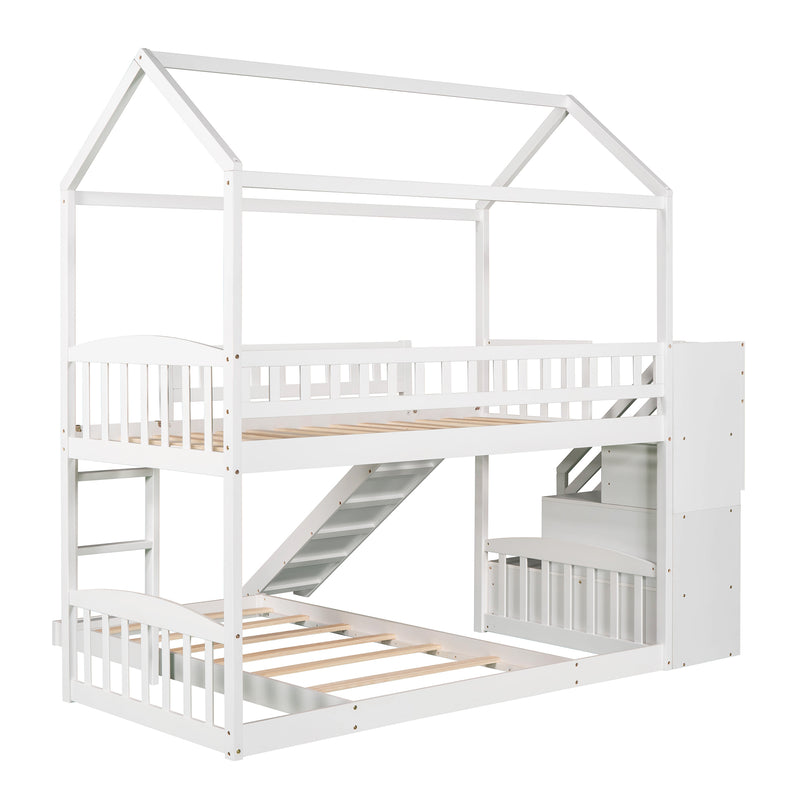 Twin Over Twin Bunk Bed with Two Drawers and Slide, House Bed with Slide, White(OLD SKU :LP000129AAK)