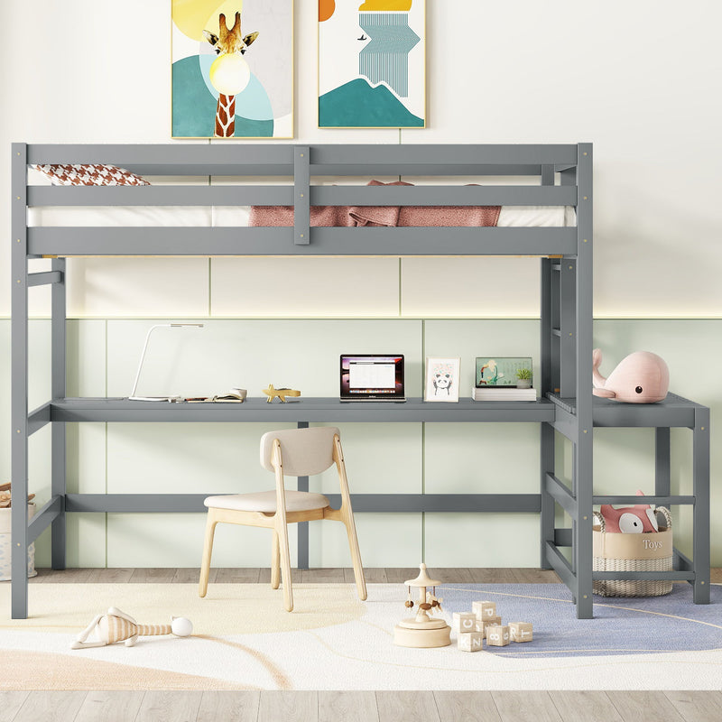 Full Loft Bed With Built-In Desk, Ladder Platform, Ladders, Guardrails - Gray