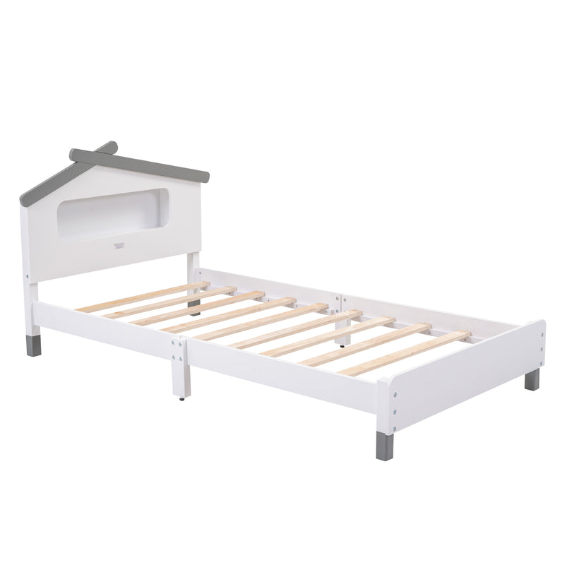 Twin Size Wood Platform Bed with House-shaped Headboard and Motion Activated Night Lights (White+Gray)