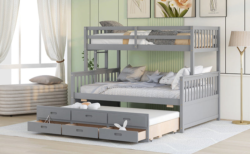 Twin-Over-Full Bunk Bed with Twin size Trundle , Separable Bunk Bed with Drawers for Bedroom - Gray