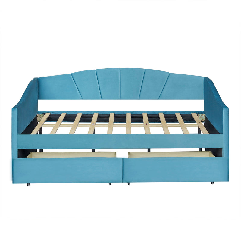 Twin Size Upholstered Daybed With Two Drawers And Wood Slat - Blue