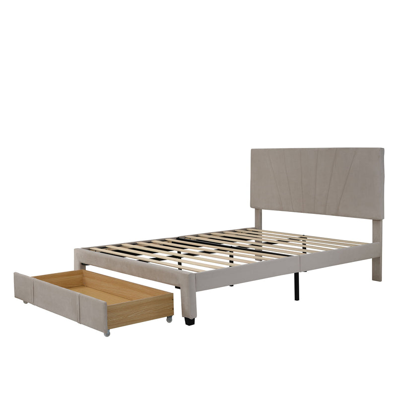 Queen Size Storage Bed Velvet Upholstered Platform Bed With A Big Drawer - Beige