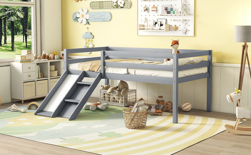 Low Loft Bed With Slide, Ladder, Safety Guardrails, No Box Spring Needed