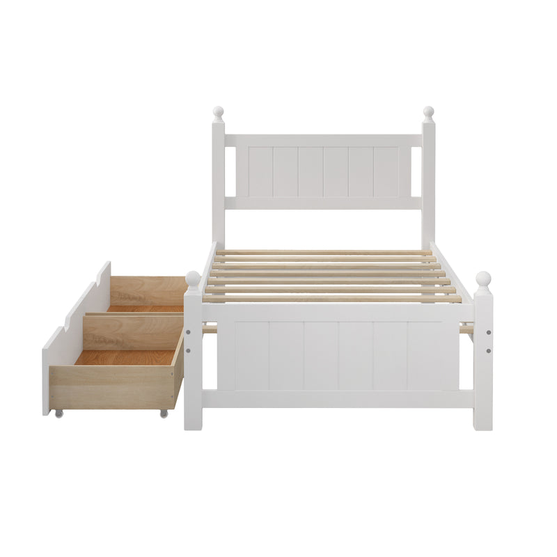 Twin Size Solid Wood Platform Bed Frame with 2 drawers for Limited Space Kids, Teens, Adults, No Need Box Spring, White