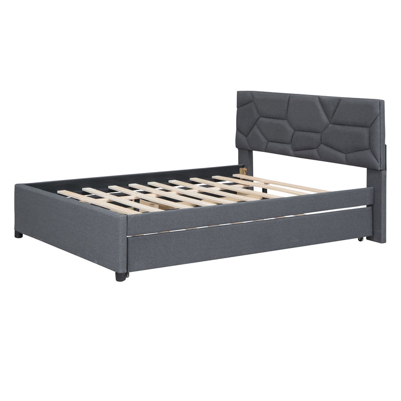 Full Size Upholstered Platform Bed With Brick Pattern Headboard, With Twin Size Trundle And 2 Drawers, Linen