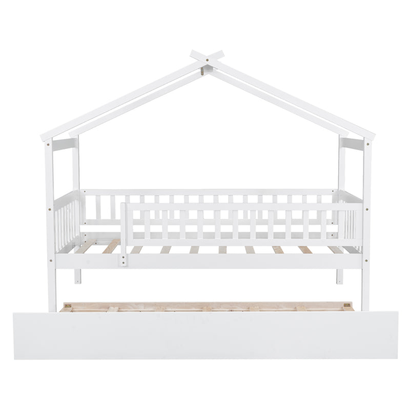 Twin Size Wooden House Bed with Twin Size Trundle, White