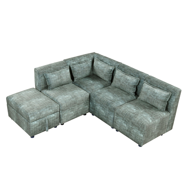 Free-Combined Sectional Sofa 5 Seater Modular Couches With Storage Ottoman, 5 Pillows For Living Room