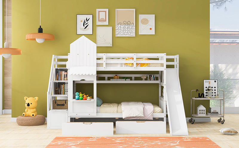 Twin-Over-Twin Castle Style Bunk Bed with 2 Drawers 3 Shelves and Slide - White