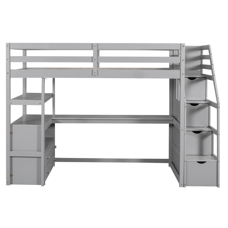 Twin Size Loft Bed with Desk and Shelves, Two Built-in Drawers, Storage Staircase, Gray