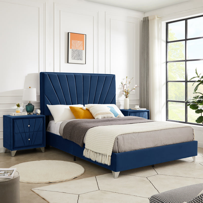 B108 Queen bed with two nightstands, Beautiful line stripe cushion headboard , strong wooden slats + metal legs with Electroplate