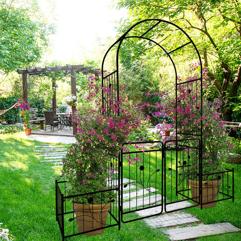 Metal Garden Arch With Gate Wide High Climbing Plants Support Rose Arch Outdoor - Black