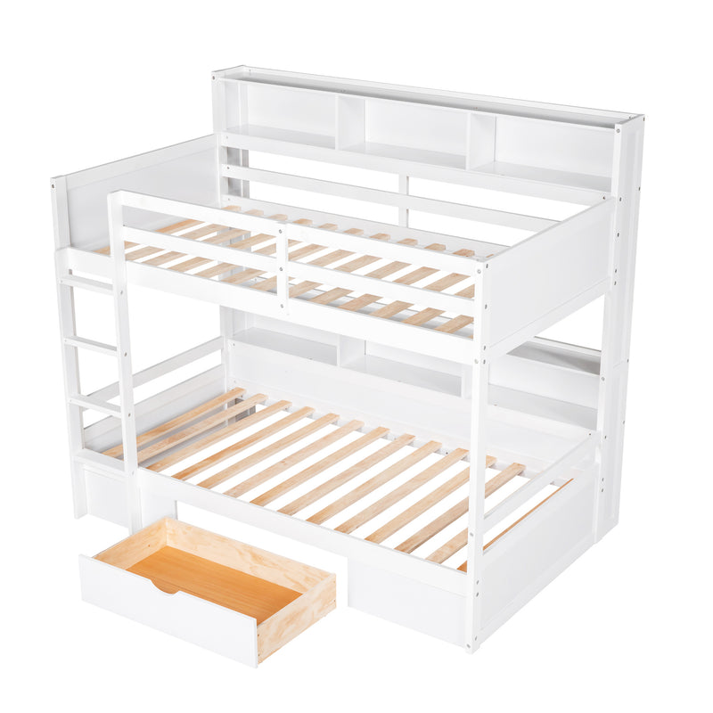 Twin Size Bunk Bed with Built-in Shelves Beside both Upper and Down Bed and Storage Drawer,White