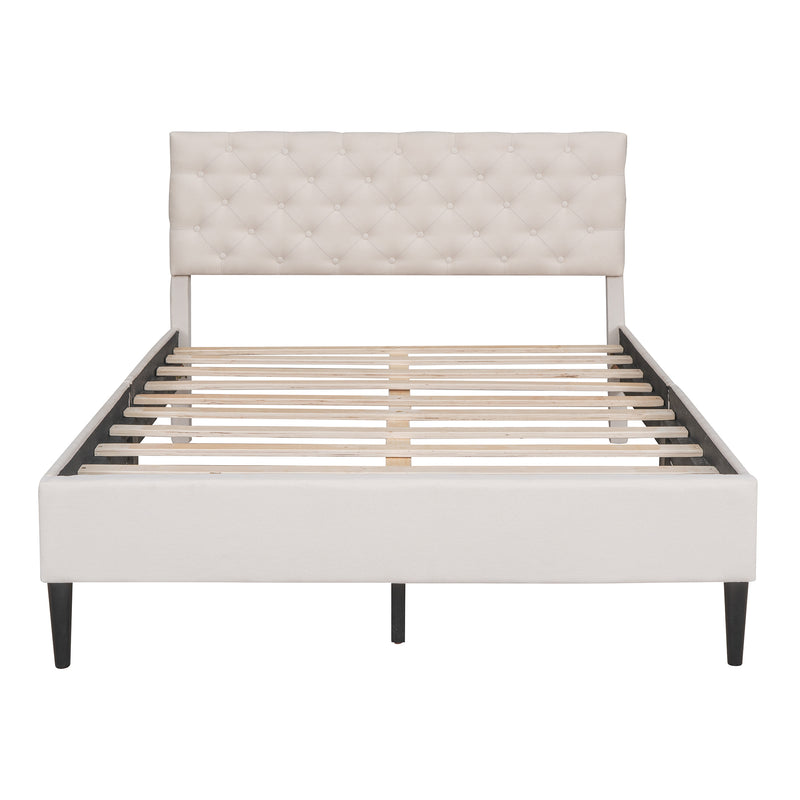 Upholstered Linen Platform Bed, Full Size, Beige