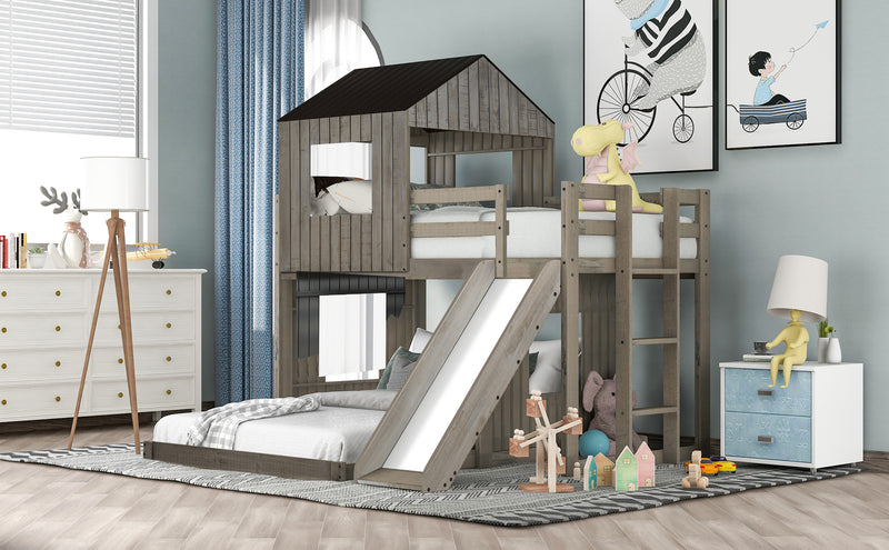 Wooden Twin Over Full Bunk Bed, Loft Bed with Playhouse, Farmhouse, Ladder, Slide and Guardrails, Antique Gray(OLD SKU :LT000028AAE)