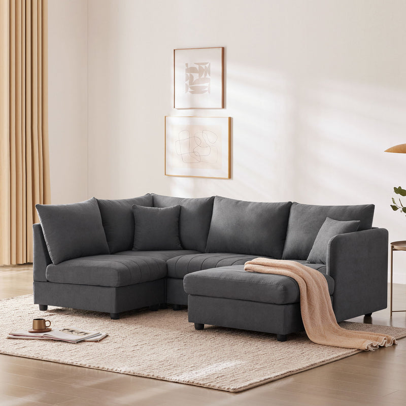 Modern Sectional Sofa With Vertical Stripes, 2 Pillows, 5 Seat Couch With Convertible Ottoman, Various Combinations, L-Shape Indoor Furniture For Living Room