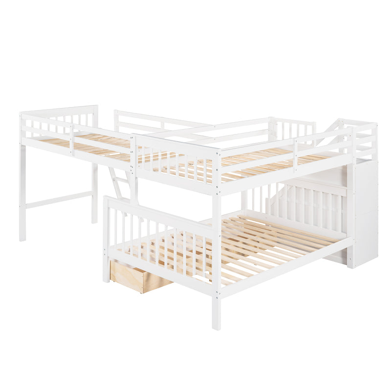 Twin over Full L-Shaped Bunk Bed With 3 Drawers, Ladder and Staircase - White