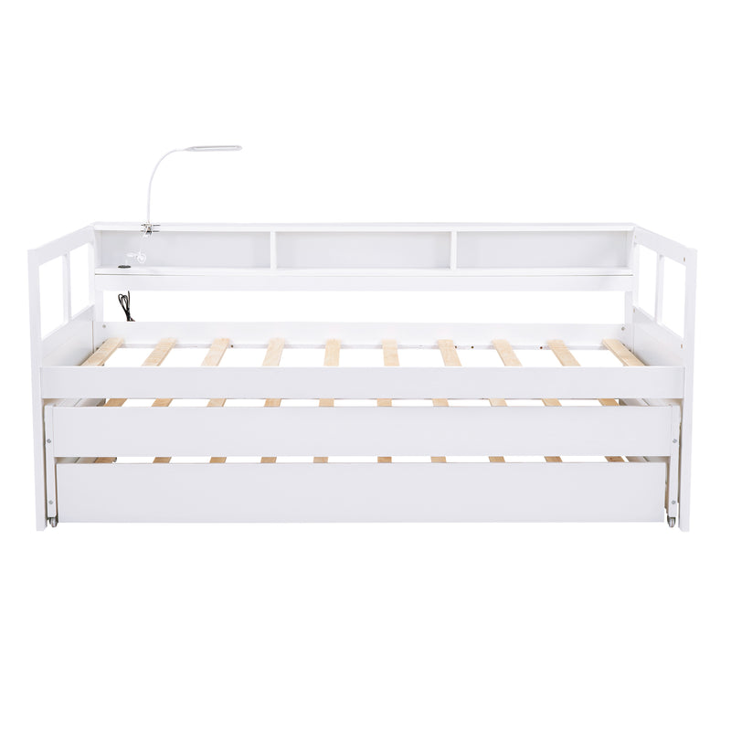 Twin XL Wood Daybed with 2 Trundles, 3 Storage Cubbies, 1 Light for Free and USB Charging Design, White