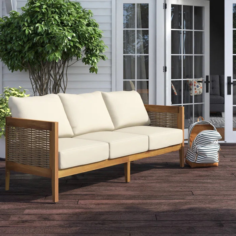 76.5'' Outdoor Acacia Wood and Round Wicker 3 Seater Patio Sofa, Teak + Mixed Brown + Beige