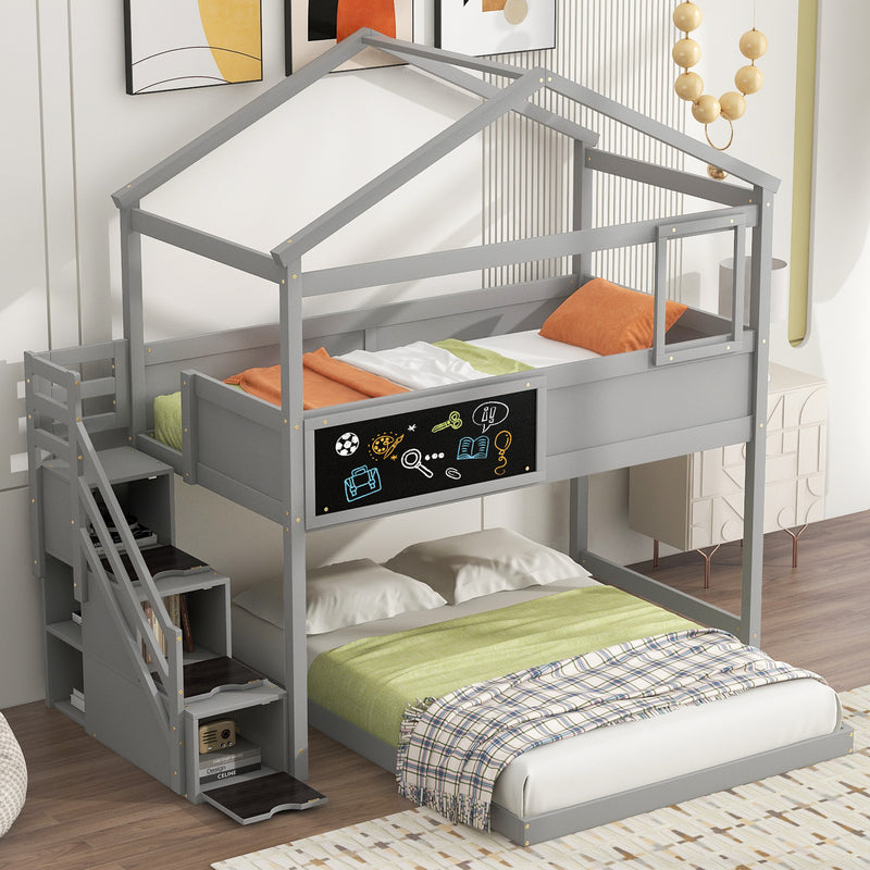 Twin over Full House Bunk Bed with Storage Staircase and Blackboard,Gray(Old SKU: GX001701AAE)