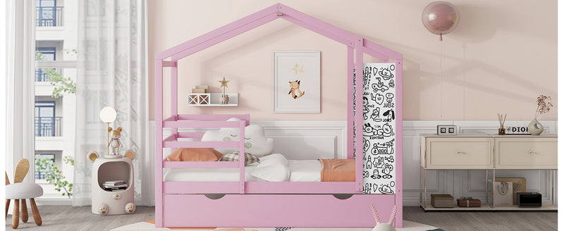 Twin Size Wood House Bed with Fence and Writing Board,Pink