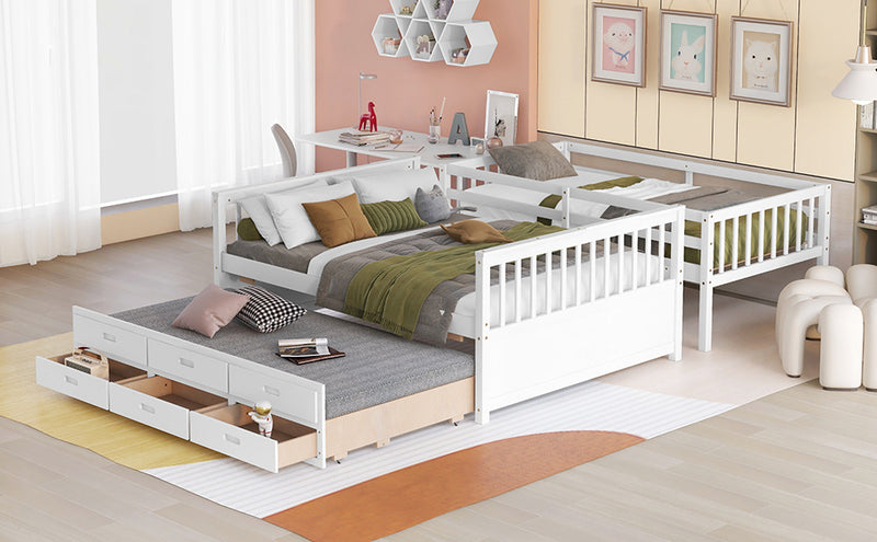 Twin-Over-Full Bunk Bed with Twin size Trundle , Separable Bunk Bed with Drawers for Bedroom - White