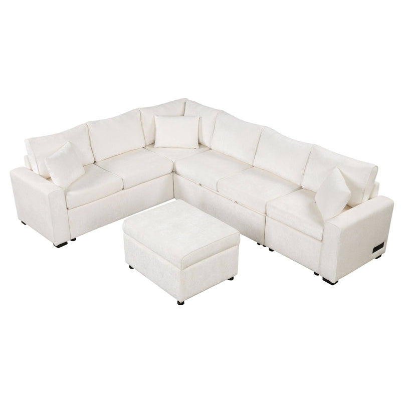 Sectional Sofa Pull-Out Sofa Bed Sleeper With A Storage Ottoman, Three Pillows And Charging Devices For Living Room