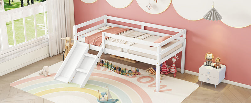 Twin Low Loft Bed with Slide,  Ladder, Safety Guardrails, No Box Spring Needed,White