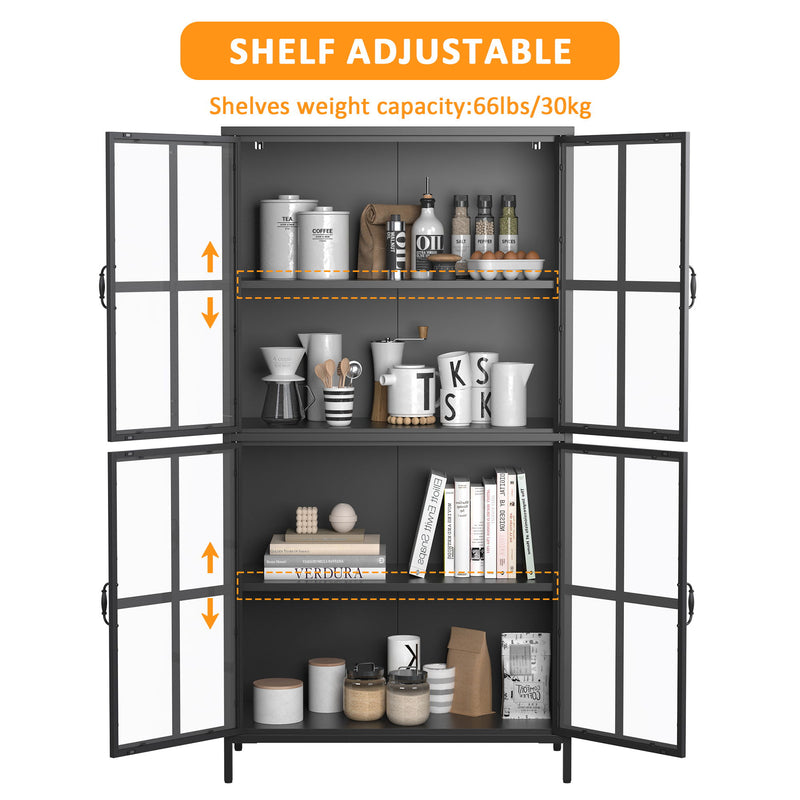 Premium Metal Storage Cabinet With Tempered Glass Doors, Adjustable Shelves, Anti-Tipping Device, Magnetic Silent Closure, And Adjustable Feet For Home And Office Use