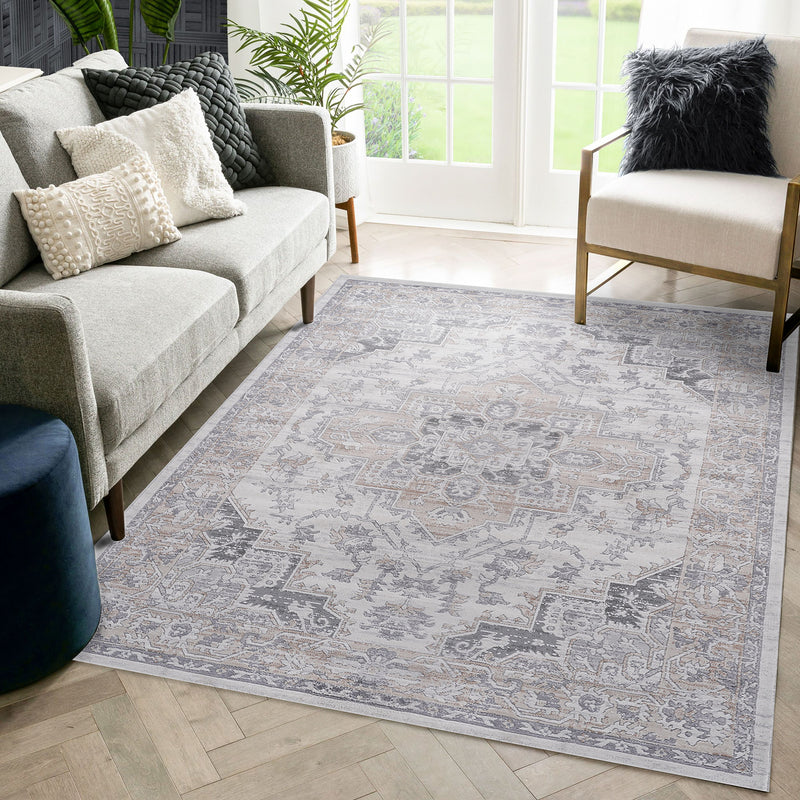 5' x 7' Oriental Non-Shedding Living Room Bedroom Dining Home Office Stylish And Stain Resistant Area Rug - Ivory / Beige