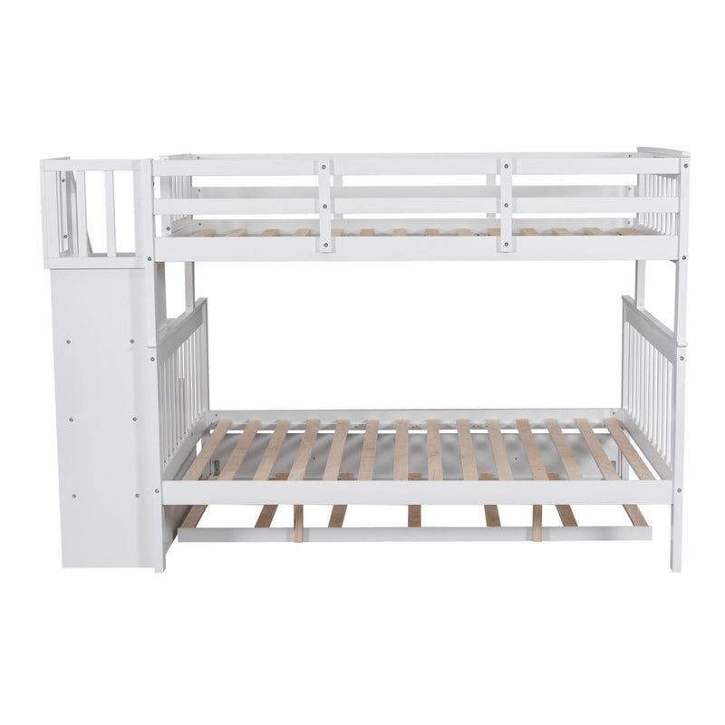 Twin Over Full Bunk Bed With Twin Size Trundle, Storage And Guard Rail For Bedroom, Dorm, For Adults - White