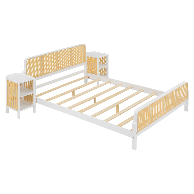 3 Pieces Rattan Platform Full Size Bed With 2 Nightstands,White