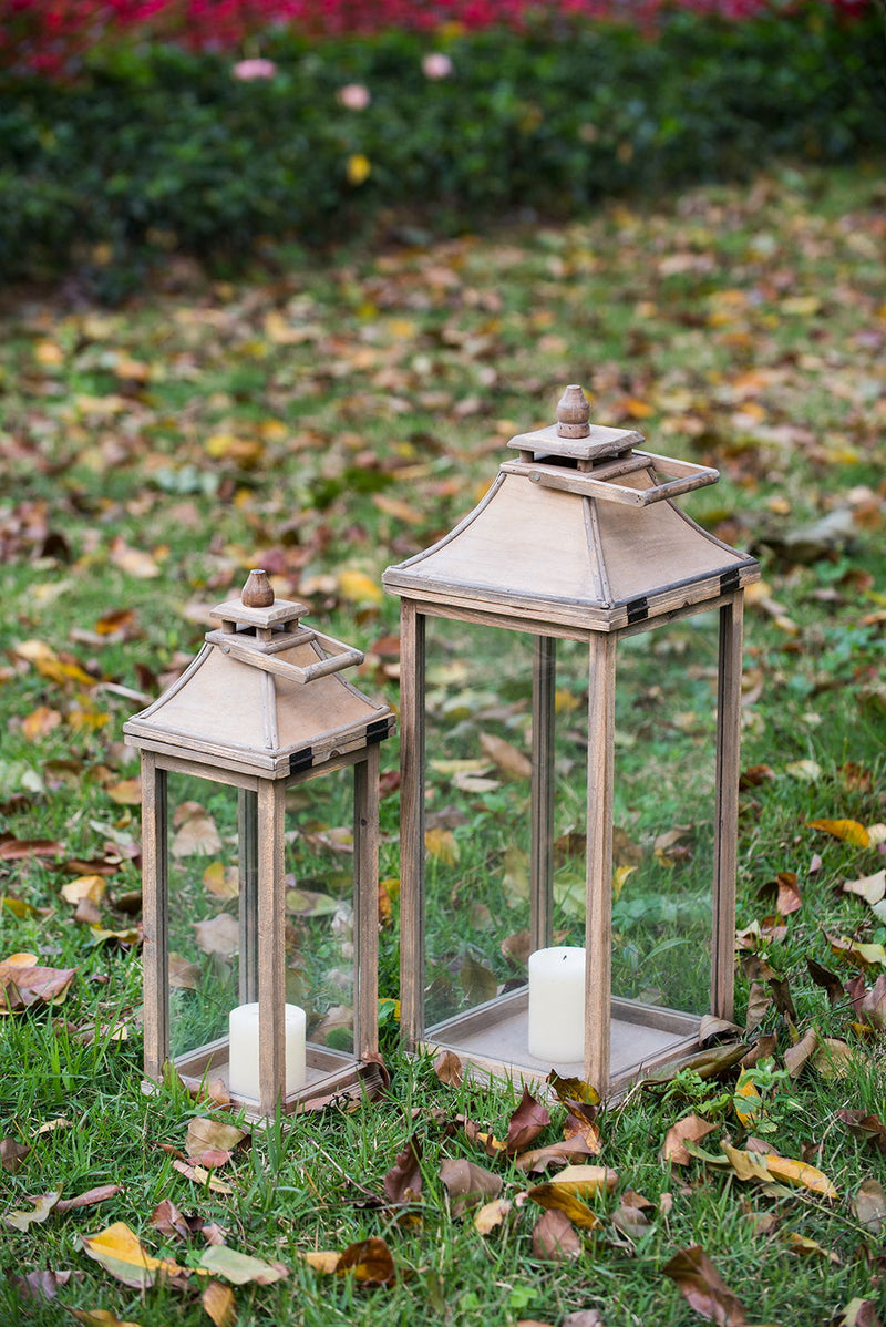 Wooden Candle Lantern Decorative, Hurricane Lantern Holder Decor For Indoor Outdoor, Home Garden Wedding (Set of 2) - Ivory