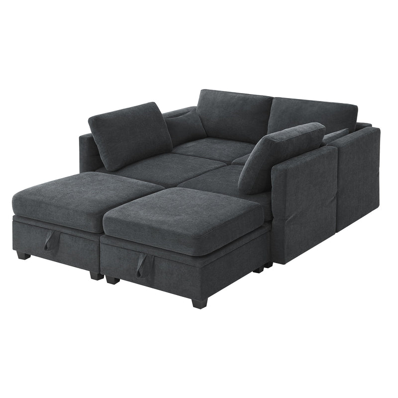 Chenille Modular Sectional Sofa, U Shaped Couch With Adjustable Armrests And Backrests, 6 Seat Reversible Sofa Bed With Storage Seats For Living Room, Apartment