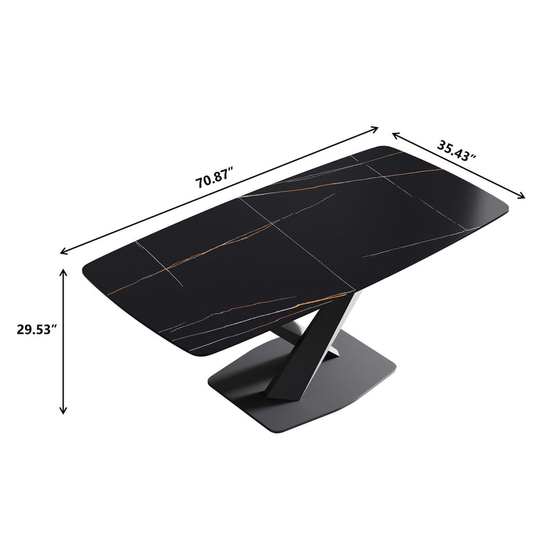 70.87" Modern Artificial Stone Black Curved Black Metal Leg Dining Table, Can Accommodate 6-8 People - Black