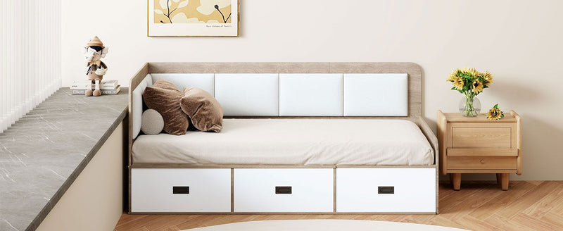 Twin Size Daybed With Three Drawers And Three Storage Compartments - Nature / Beige