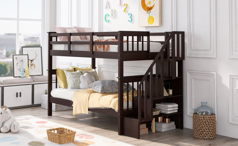 Stairway Twin-Over-Twin Bunk Bed with Storage and Guard Rail for Bedroom, Dorm, Espresso color(OLD SKU :LP000109AAP)