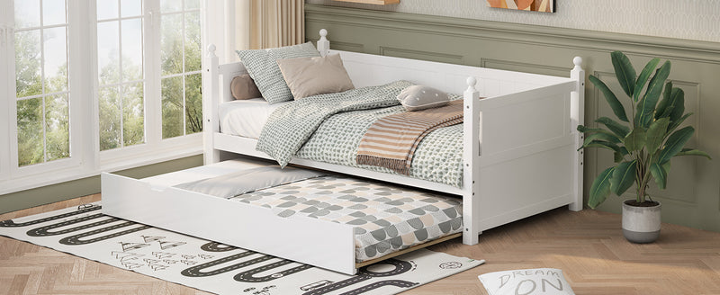 Twin Size Solid Wood Daybed with Trundle for Limited Space Kids, Teens, Adults, No Need Box Spring, White