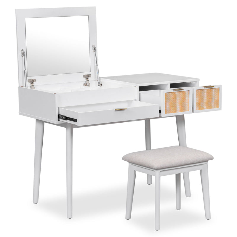 Classic Wood Makeup Vanity Set With Flip-Top Mirror And Stool, Dressing Table With Three Drawers And Storage Space