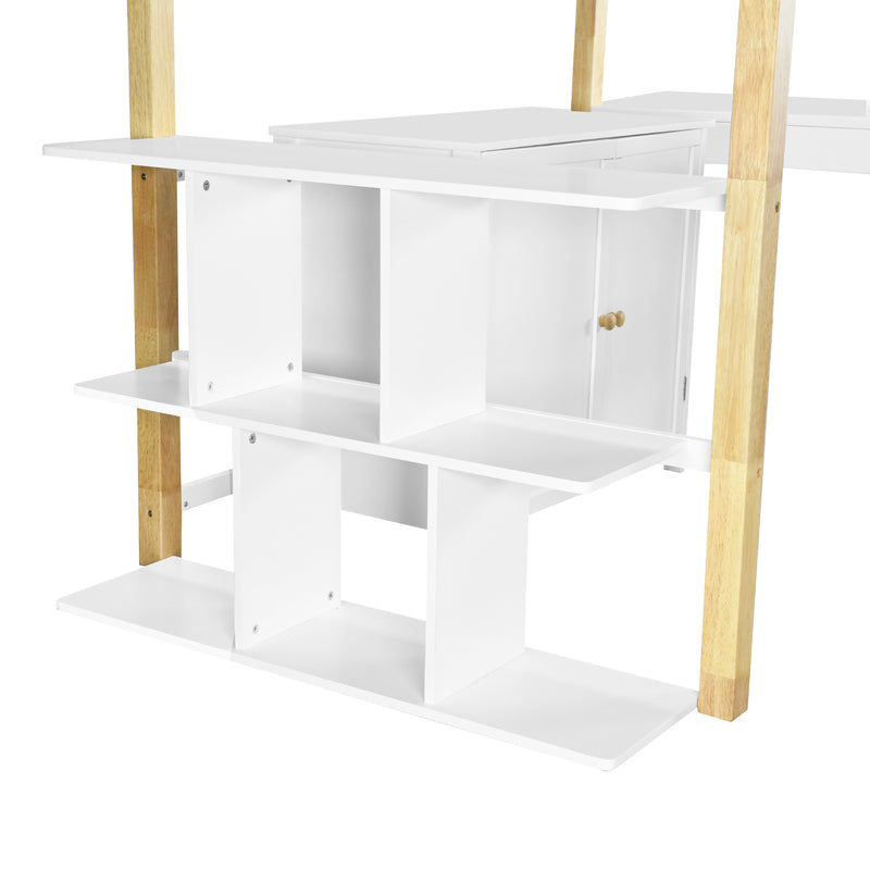 Twin Size Wood Loft Bed With Built-in Storage Cabinet and Cubes, Foldable desk, White