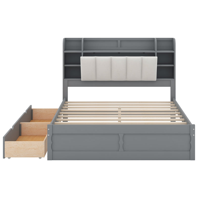 Wood Queen Size Platform Bed with Storage Headboard, Shelves and 2 Drawers, Gray