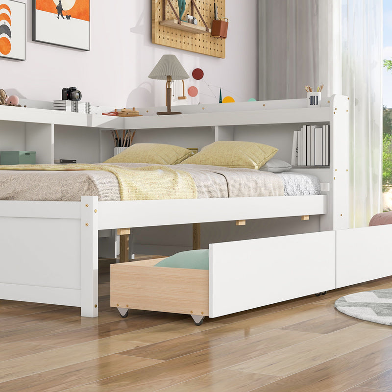 Full Bed With L-Shaped Bookcases, Drawers - White