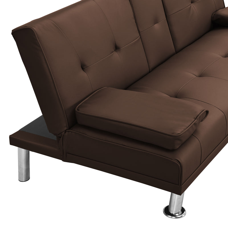 Futon Sofa Bed With Armrest Two Holders Wood Frame, Stainless Leg - Brown