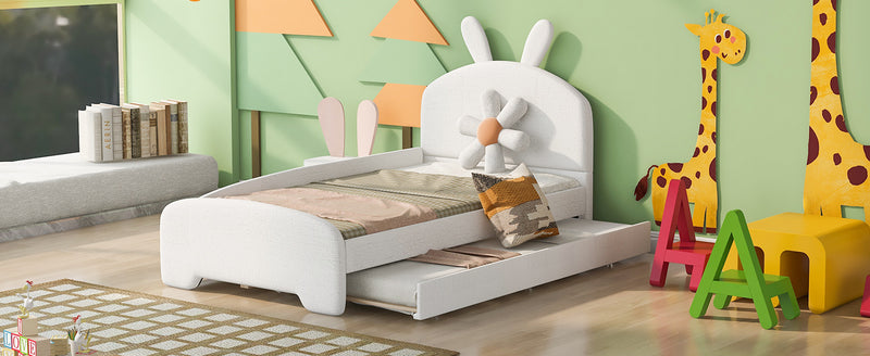 Twin Size Upholstered Platform Bed with Cartoon Ears Shaped Headboard and Trundle, White