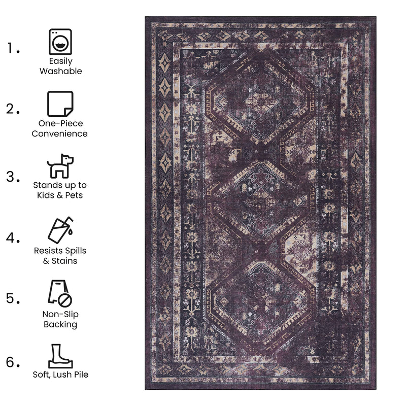 3' x 5' Area Rug, Washable Rug, Low-Pile, Non-Slip, Non-Shedding, Foldable, Kid & Pet Friendly Area Rugs For Living Room, Bedroom, Kitchen, Dining Room Rug, Perfect Gifts - Black / Burgundy