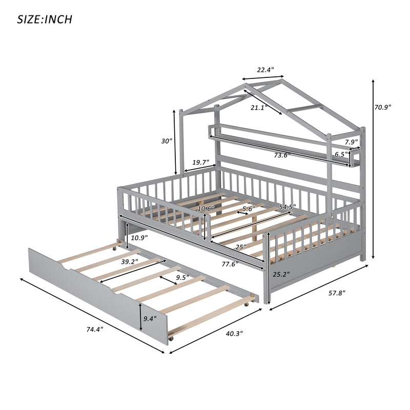 Wooden Full Size House Bed with Twin Size Trundle,Kids Bed with Shelf, Gray