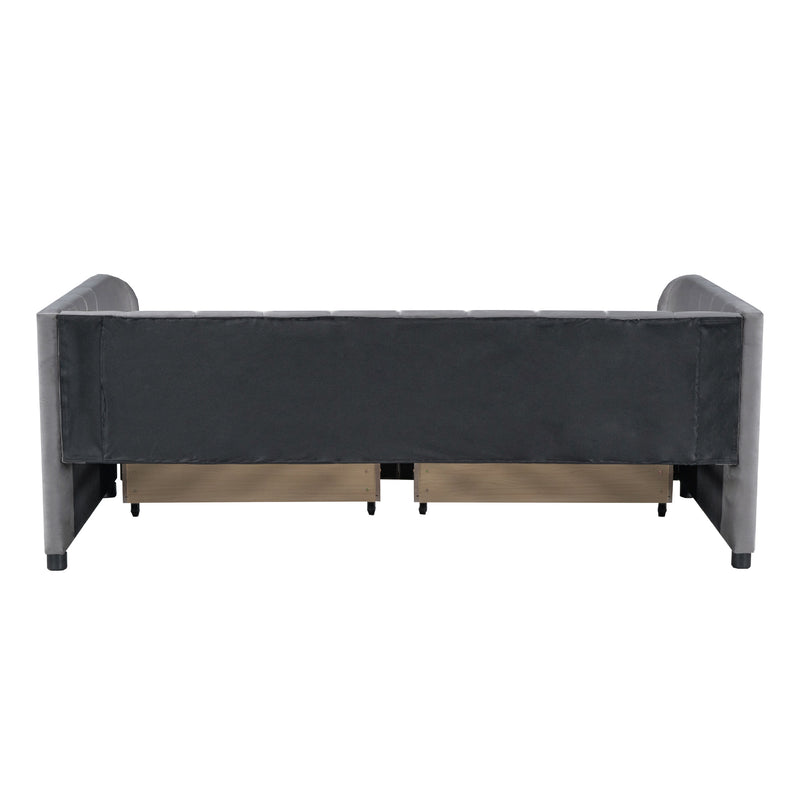 Twin Size Upholstered Daybed with Ergonomic Design Backrest and 2 Drawers, Gray