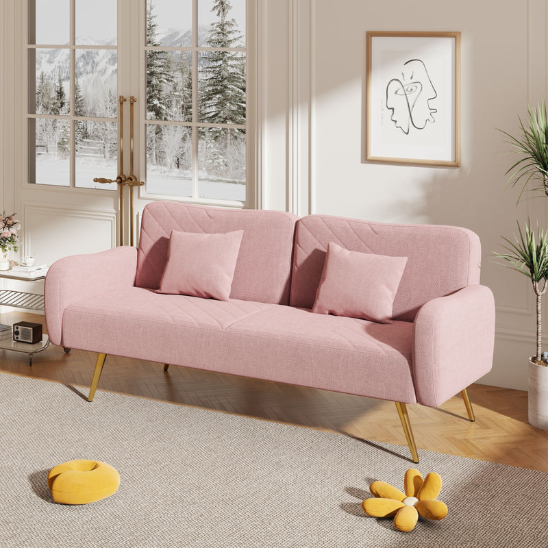 Double Sofa With Split Backrest And Two Throw Pillows, Suitable For Living Room, Apartment, Home Office - Pink